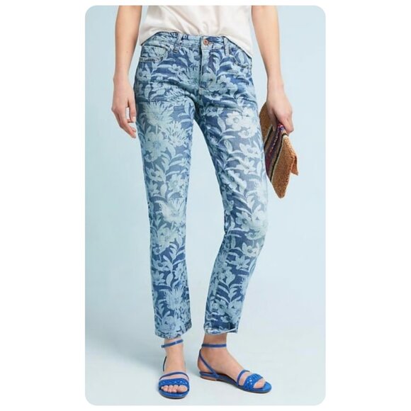 Anthropologie Pilcro & The Letterpress Blue Floral Boyfriend Slim Denim Jean - Picture 1 of 7